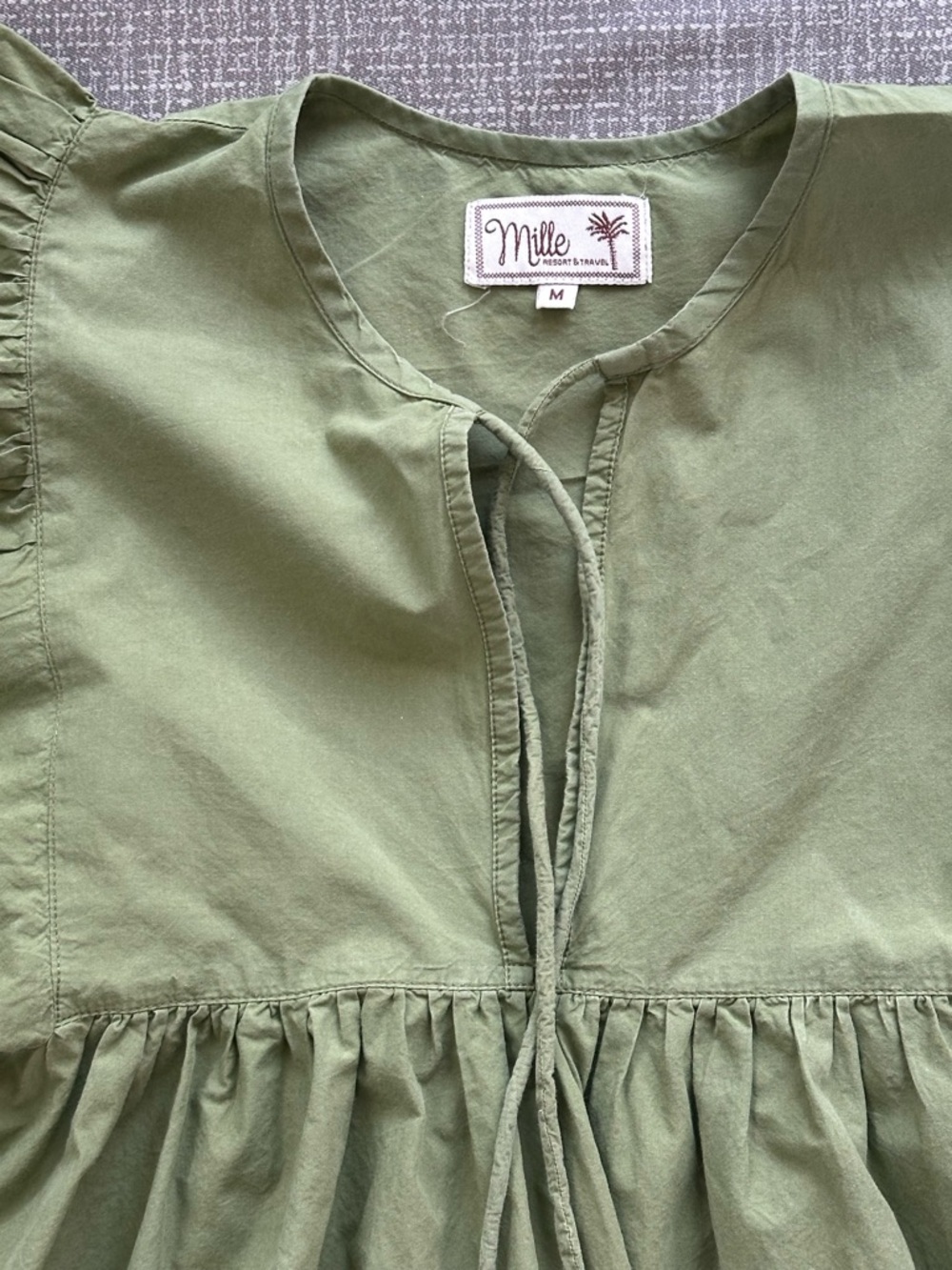 Millie Resort & Travel Olive Green Puff Sleeve Babydoll Dress Medium - Picture 10 of 14